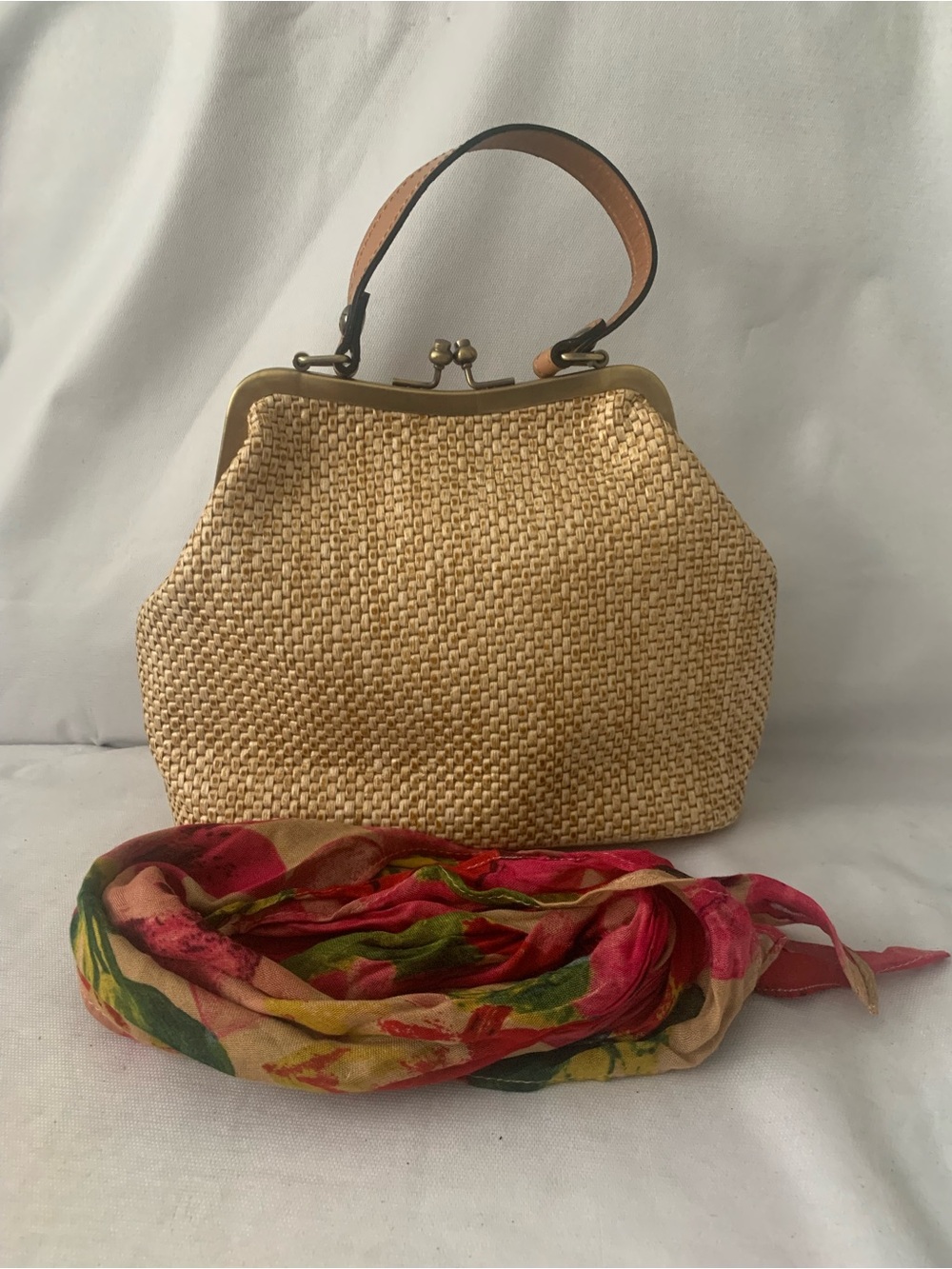 Patricia Nash Laureana Frame Satchel Straw Bag Rattan Style Clutch Pockets Scarf - Picture 4 of 11